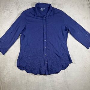 CAITE Blue Cotton Slub Floral Embroidered Scalloped Hem Button Down Shirt XL